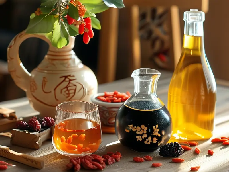 家庭自制枸杞桑葚泡酒原料与工具展示