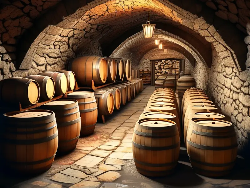 古代酒窖内部存放酒坛的场景