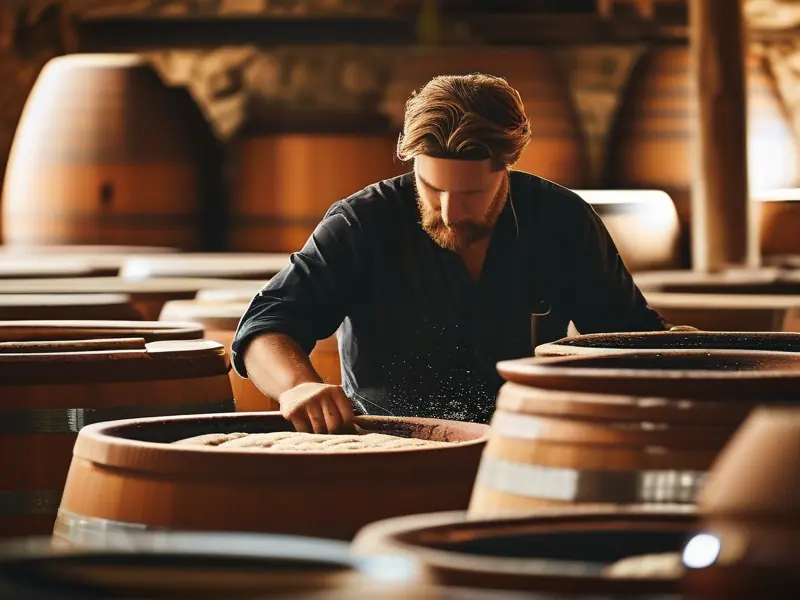 酿酒师检查固态发酵酒醅的传统工艺场景