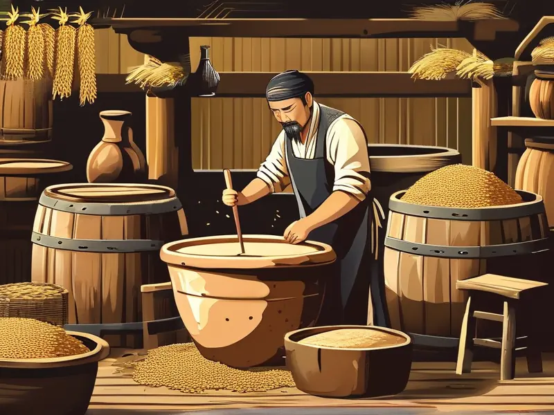古代工匠使用传统工具酿酒的场景还原图