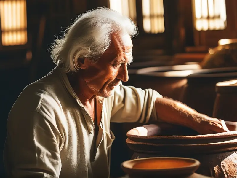 古法酿酒传承人正在检查传统陶缸中的酒醅