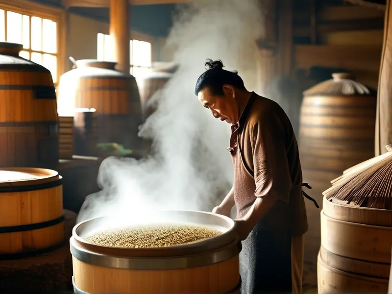 古法酿酒工艺中蒸煮粮食的实景图片