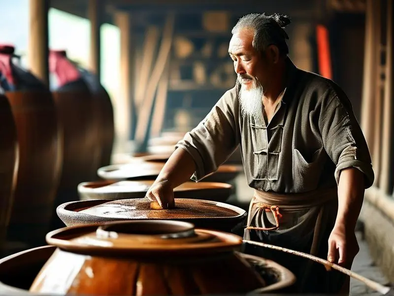 传统酿酒师傅用古法酿造原酒