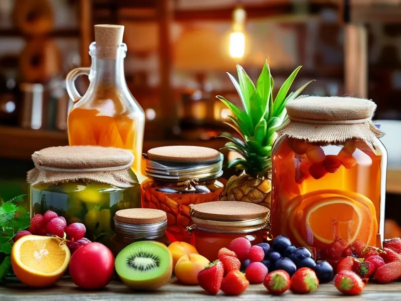 新鲜水果在玻璃罐中准备发酵，背景为酿酒设备和木质桌子