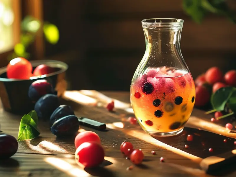 家庭自制果酒成品展示与原料工具