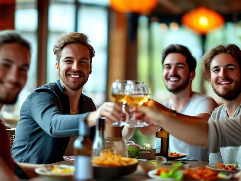 酒桌上的人们轻松饮酒，享受美食