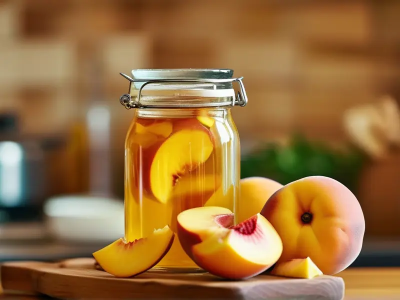 新鲜黄桃与自制黄桃酒成品展示