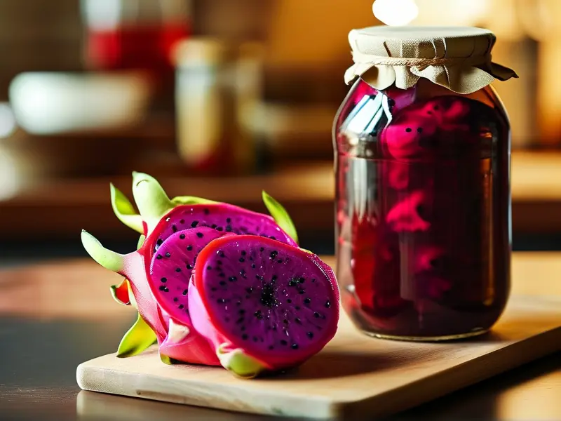自制火龙果酒原料与发酵过程实拍图