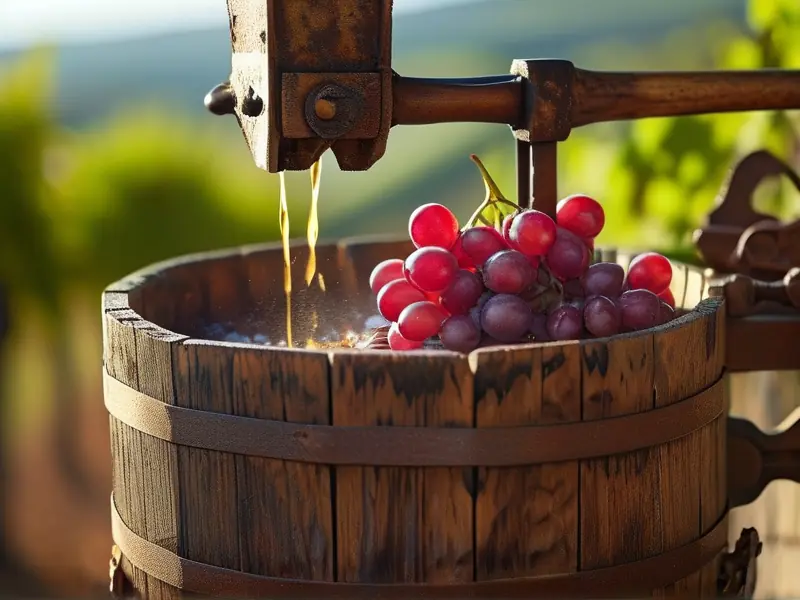 葡萄压榨过程展示葡萄酒酿造的第一步