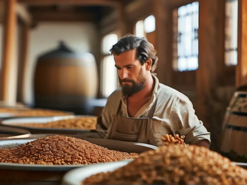 酱香白酒纯粮酿造过程中的高粱发酵场景
