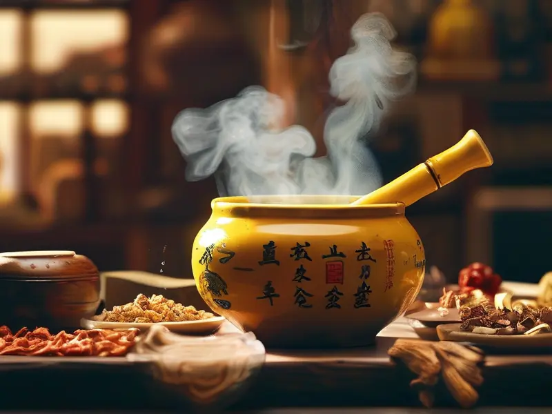 老中医用黄酒炒制中药材的实景照片