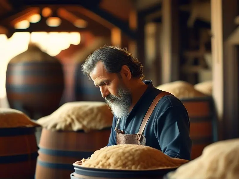 酿酒师检查发酵中的酒醅