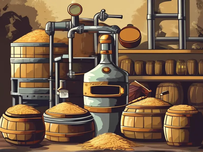 传统酿酒过程图解：发酵、蒸馏与成品展示