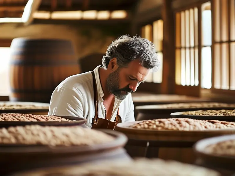 专业酿酒师检查传统酿造过程中的酒糟