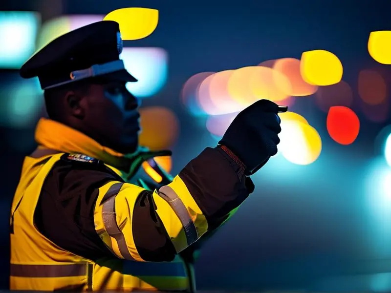 警察夜间检查酒驾使用酒精检测仪