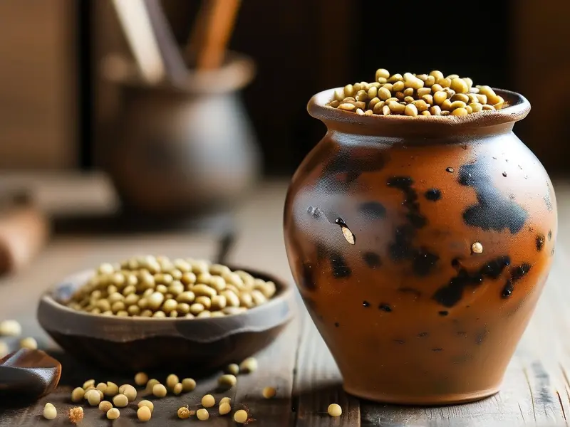 决明子酒制作过程实拍:陶罐浸泡中的琥珀色酒液与原料