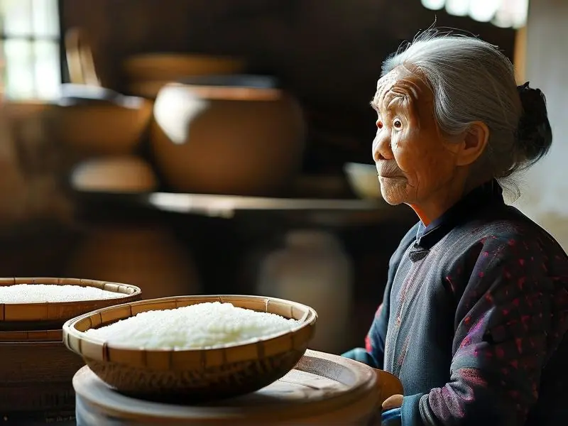 客家老奶奶酿制糯米酒的传统工艺