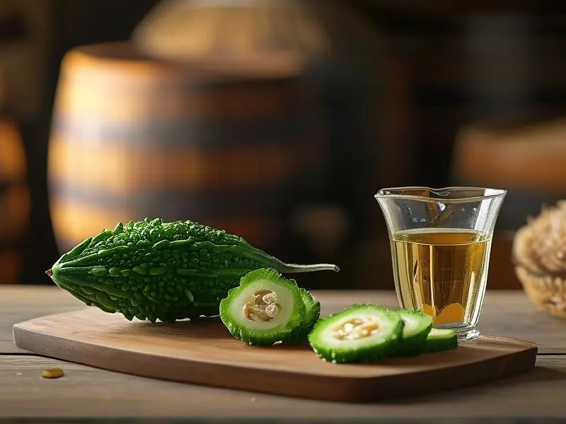 苦瓜与酿酒原料混合的传统酿酒场景