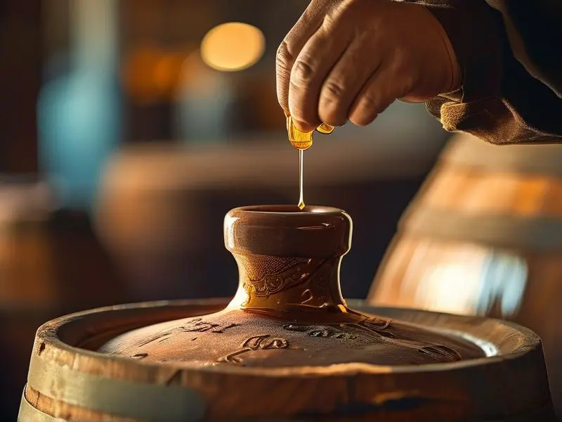 酿酒师蜡封白酒瓶口的特写