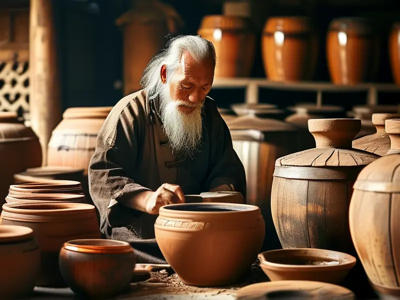 老酿酒师使用传统方法酿造白酒
