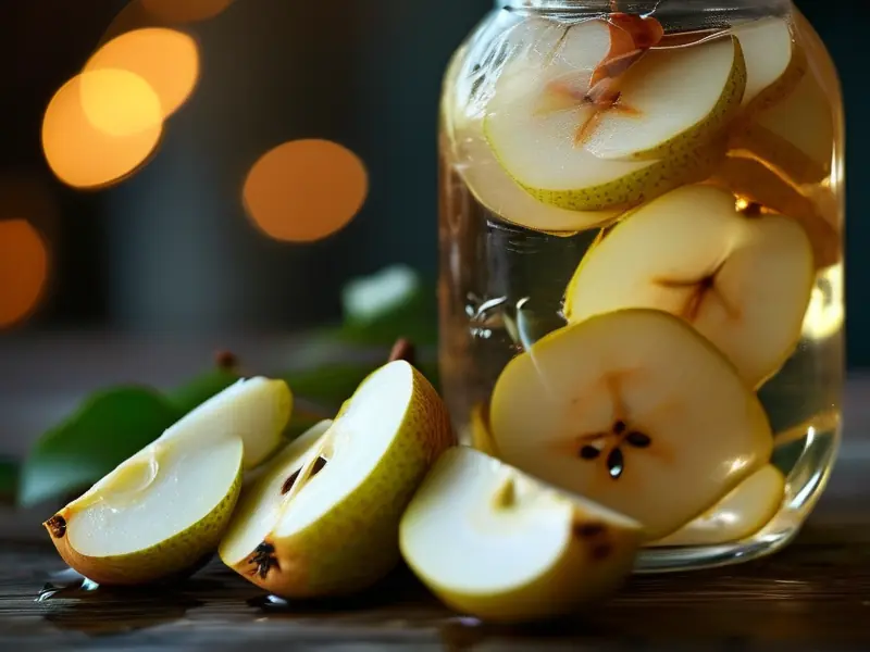 新鲜梨子切片与白酒在玻璃罐中浸泡的特写