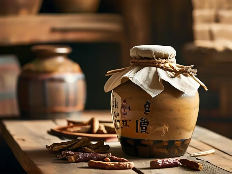 传统驴鞭酒与中药材展示