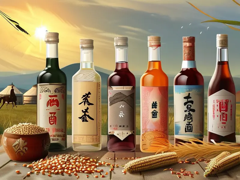 内蒙纯粮食酒展示图：草原风光与多种特色酒品