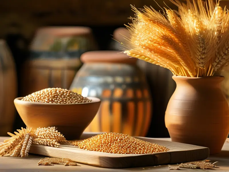 传统白酒酿造原料实拍：高粱玉米小麦等谷物与陶缸