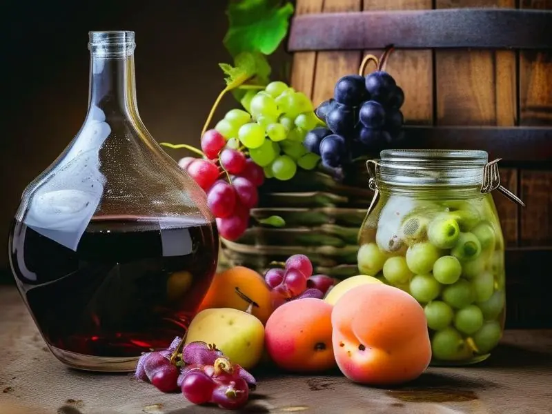 新鲜水果和玻璃罐中的发酵果酒