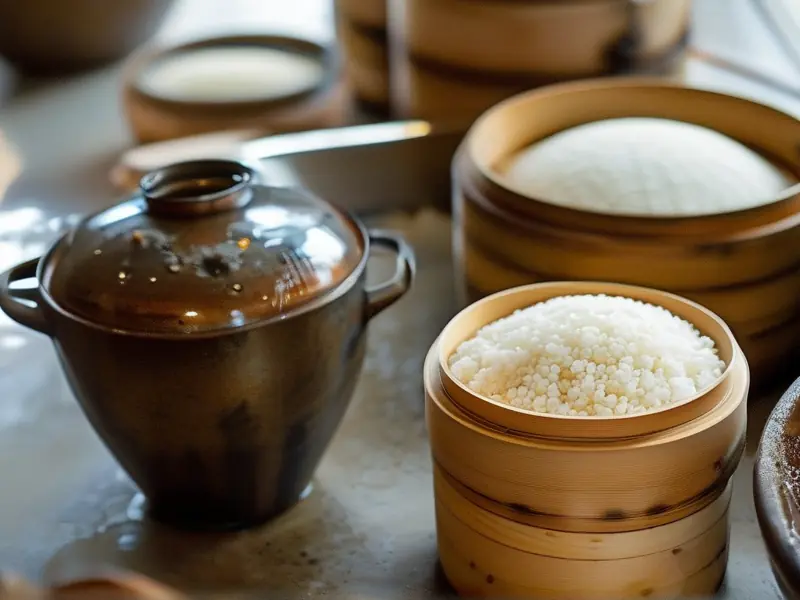 蒸熟的糯米和酒曲准备发酵