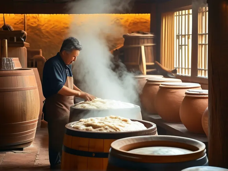 传统酿酒作坊内老师傅检查酒醅的工作场景
