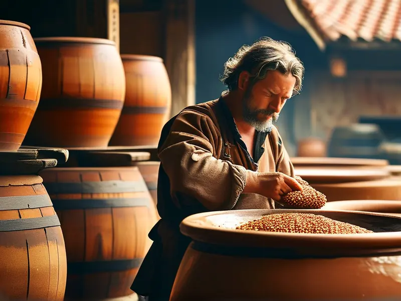 酿酒师检查坤沙工艺高粱发酵过程实拍