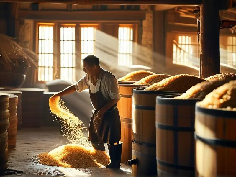 酿酒师使用稻壳进行白酒发酵的实景操作