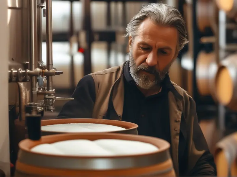 酿酒师检查发酵过程，展示传统酿酒工艺细节