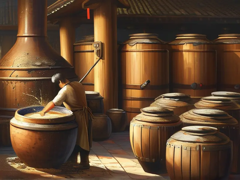 浓香白酒酿造过程中的酒醅搅拌场景