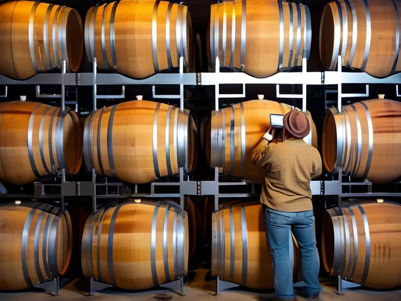 酿酒师正在用数字温度计测量不锈钢罐中发酵葡萄酒的温度