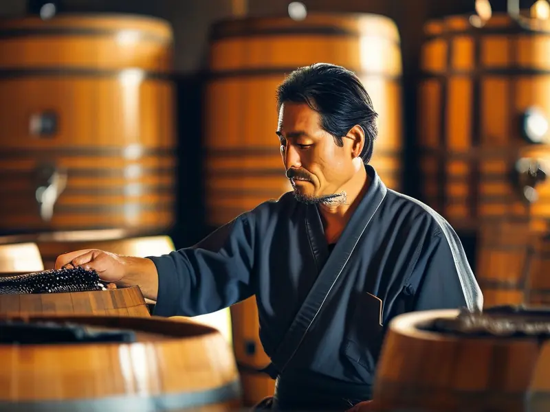 日本酿酒师检查清酒发酵过程