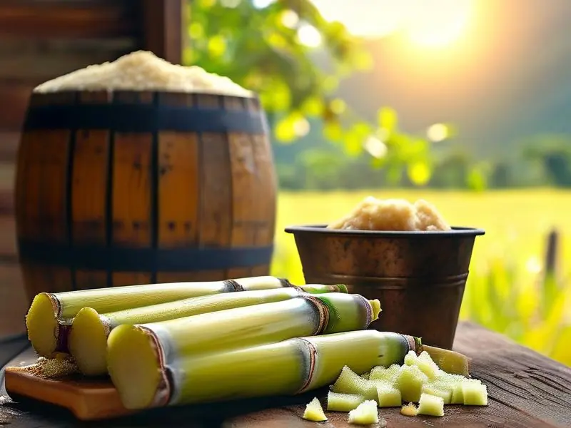 新鲜甘蔗与发酵桶准备制作甘蔗酒