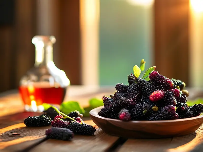 新鲜桑葚和酿酒工具准备制作桑葚酒