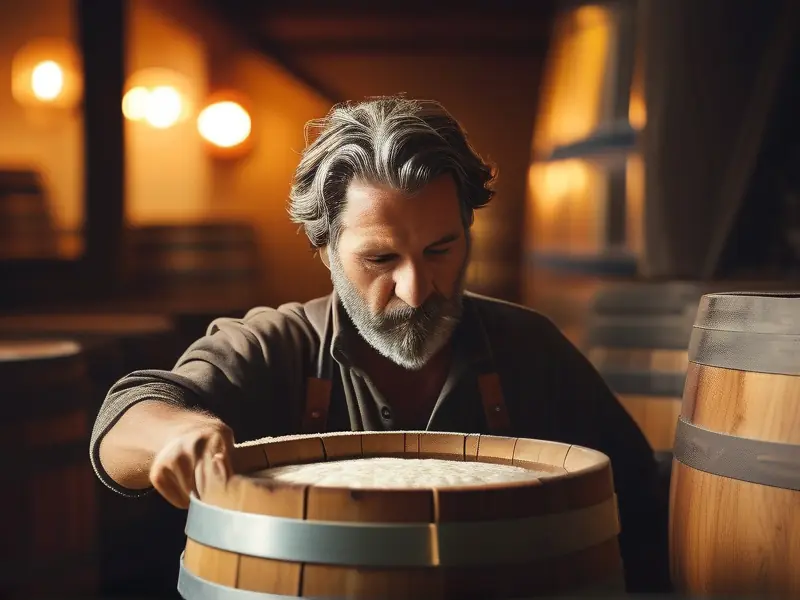 酿酒师检查发酵桶中的酒醅