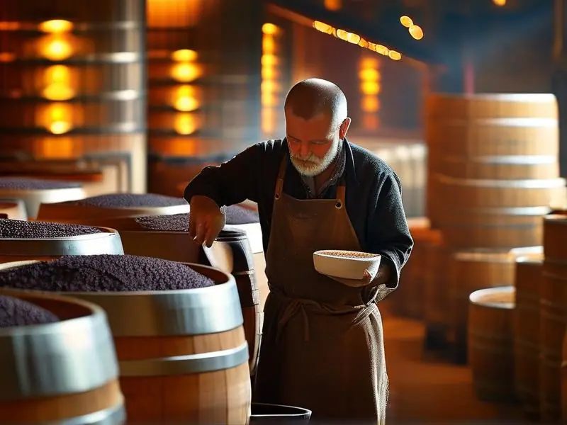 酿酒师检查生料高粱发酵过程