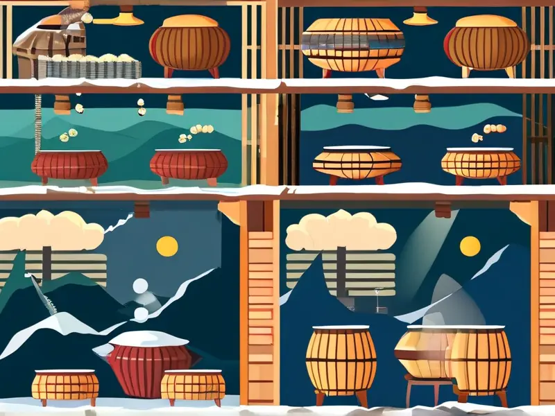 四季酿酒场景对比：春季桃花开时蒸粮、夏季高温下发酵、秋季丰收季下料、冬季窖池封藏