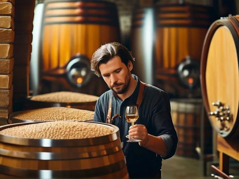 酿酒师检查粮食发酵过程
