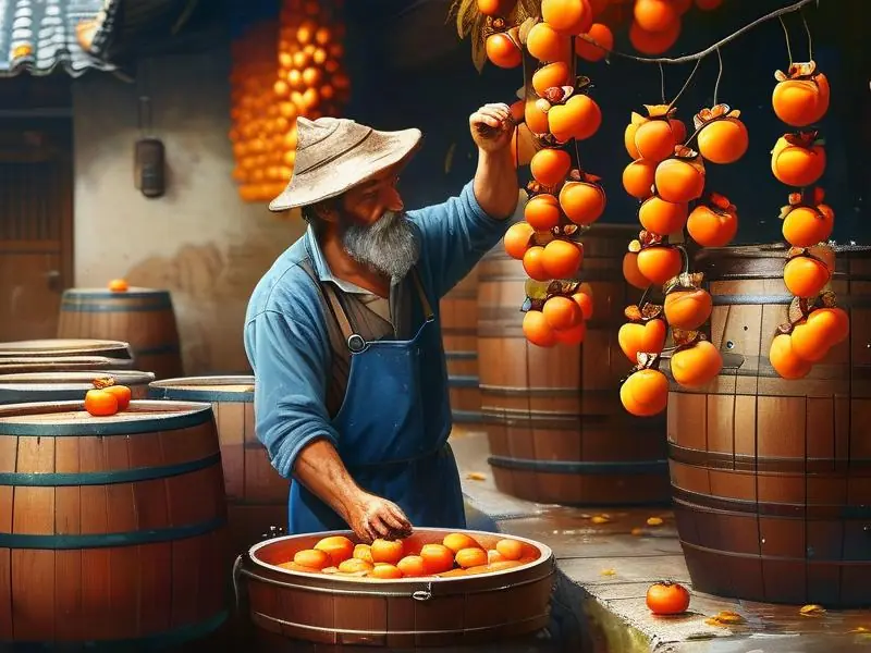 酿酒师清洗柿子准备酿酒
