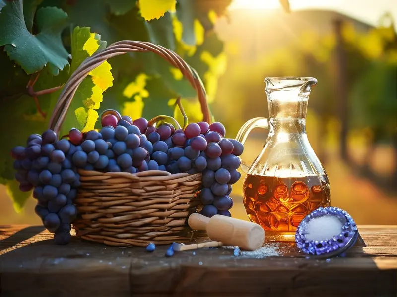 新鲜水晶葡萄与酿酒工具