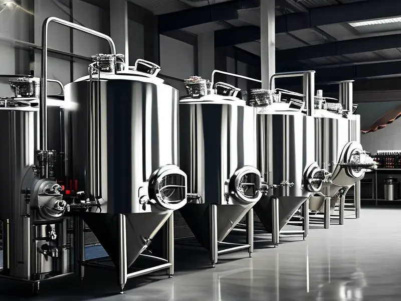 四川酿酒设备公司展示车间内整齐排列的不锈钢酿酒设备