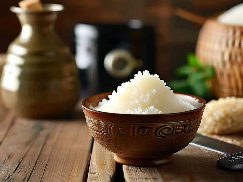 甜酒酿制作过程展示：糯米、酒曲和发酵工具