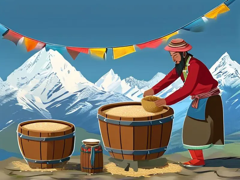 藏族酿酒师在雪山背景下用传统方法酿造天佑德青稞酒