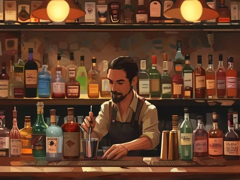 专业调酒师在吧台调制鸡尾酒