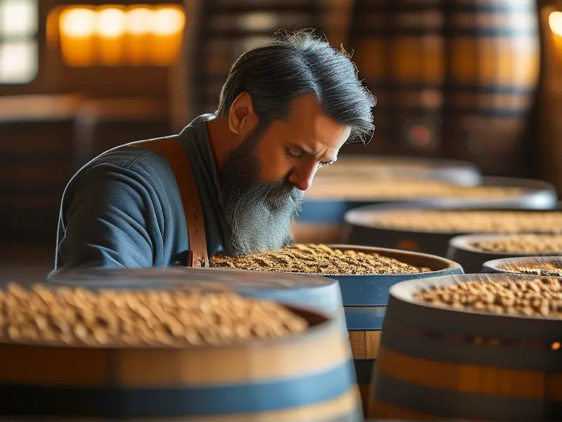 酿酒师检查发酵桶中的酒醅